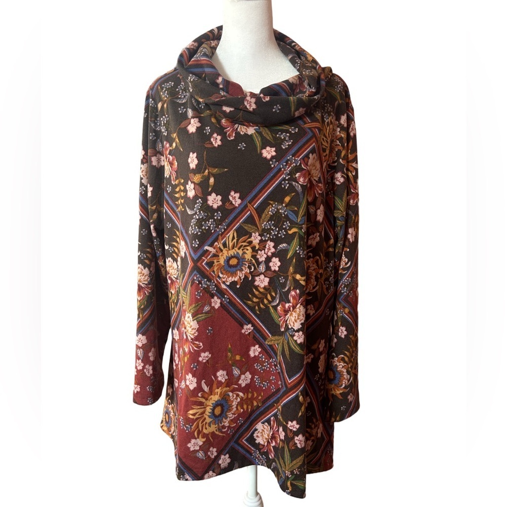 Premise soft cozy floral patchwork flowy earth toned cowl neck boho tunic NWT 2X